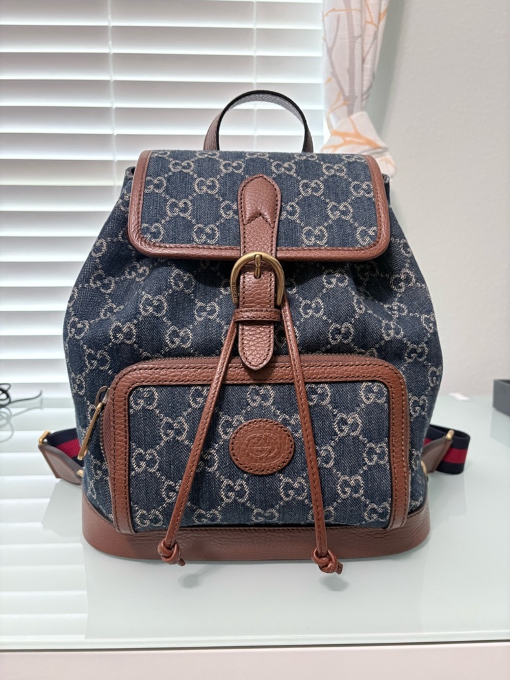 Gucci Interlock GG Denim Backpack with Brown Leather Trim